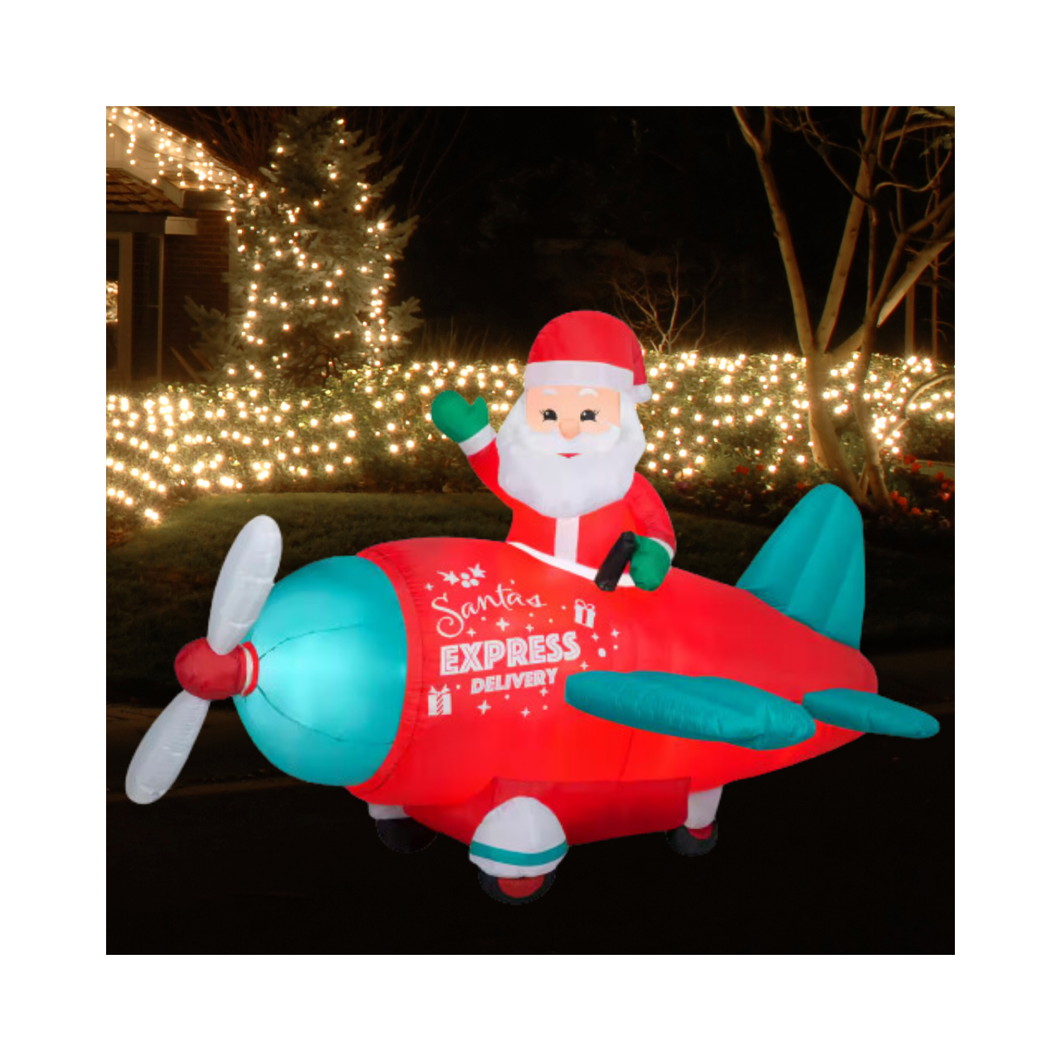 Christmas Inflatable Animated Airblown-Santa in Vintage Plane Scene