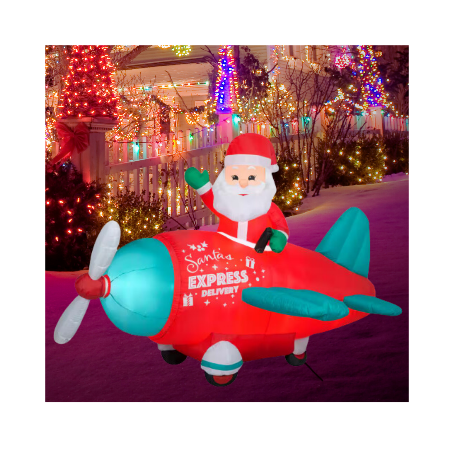 Christmas Inflatable Animated Airblown-Santa in Vintage Plane Scene