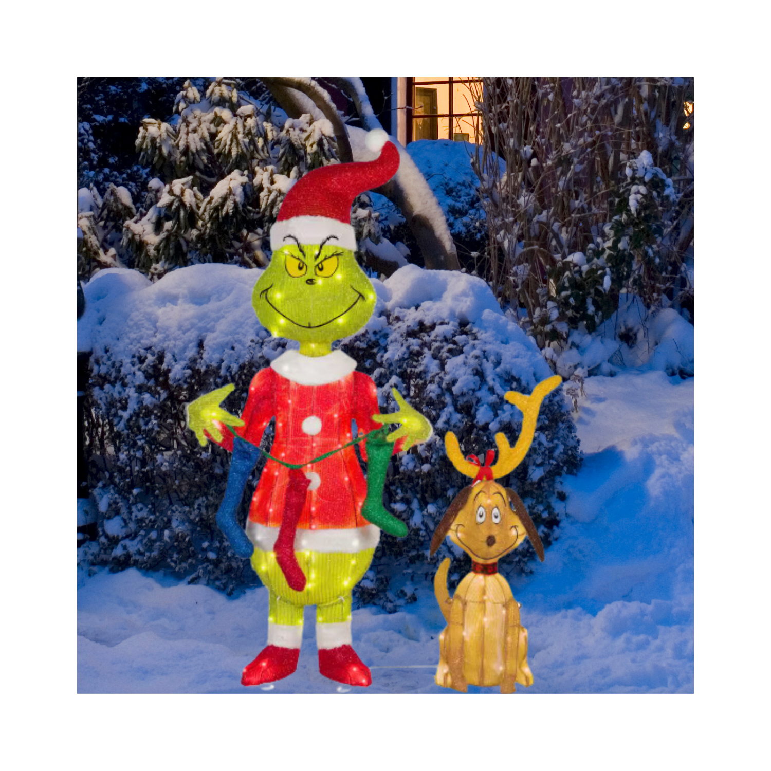 Christmas 3D Lighted Tinsel Yard Sculpture-The Grinch with Stockings -Dr.Seuss