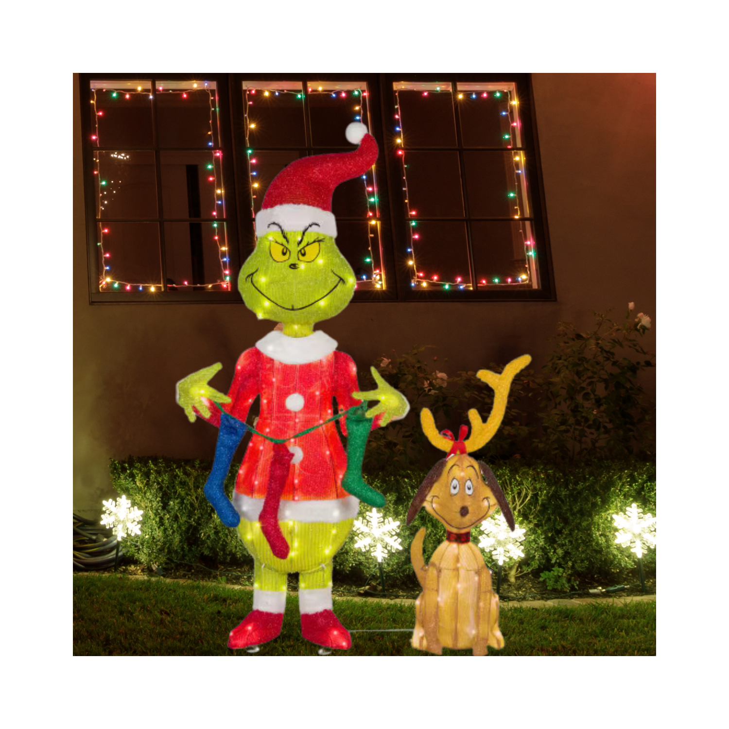 Christmas 3D Lighted Tinsel Yard Sculpture-The Grinch with Stockings -Dr.Seuss