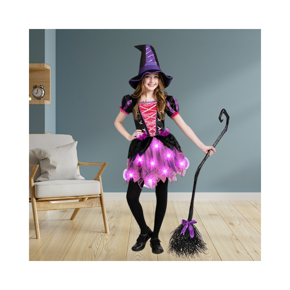 Halloween Light Up Pink Witch Costume with Hat and Broom for Girls