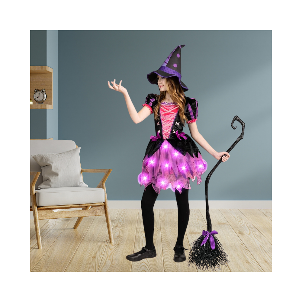 Halloween Light Up Pink Witch Costume with Hat and Broom for Girls