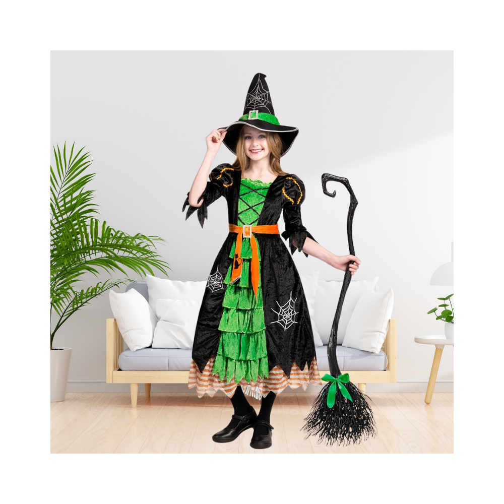 Halloween Fairytale Witch Cute Witch Costume Deluxe Set with Broom for Girls